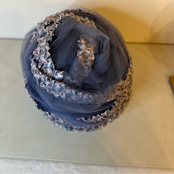 Union Made Vintage Women’s Blue Bucket Hat Rafia and Ribbon Mesh Netting - Picture 9 of 14